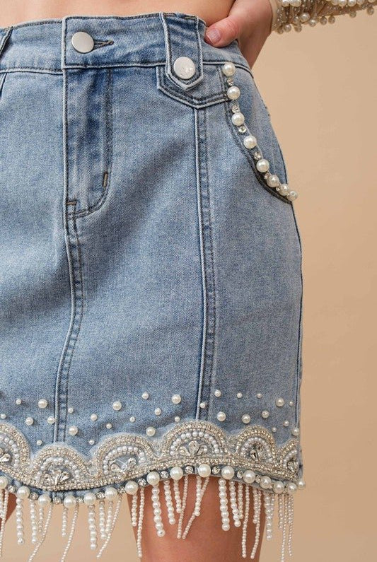 Pearl Pop Rhinestone Fringe Denim Mini Skirt - Bella Blossom Boutique