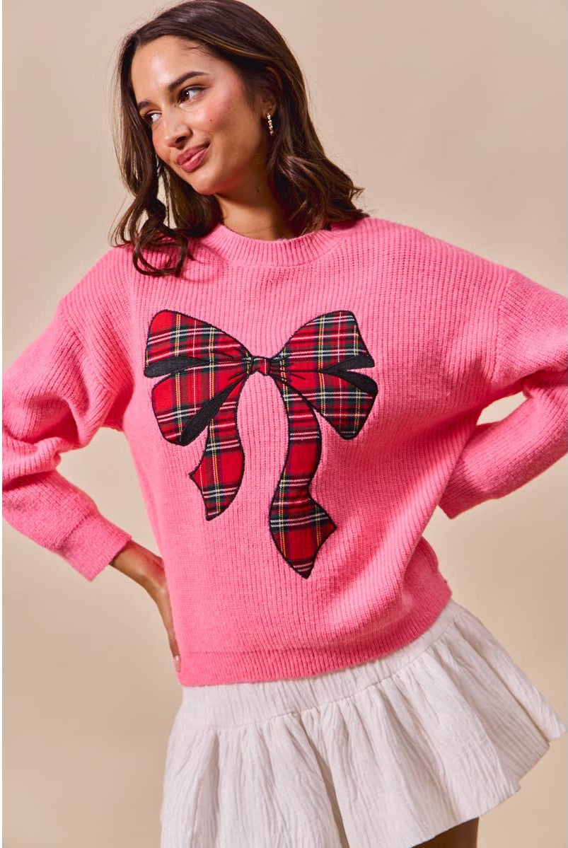 Pink Festive Plaid Bow Sweater – Oversized Holiday Ribbon Knit - Bella Blossom Boutique