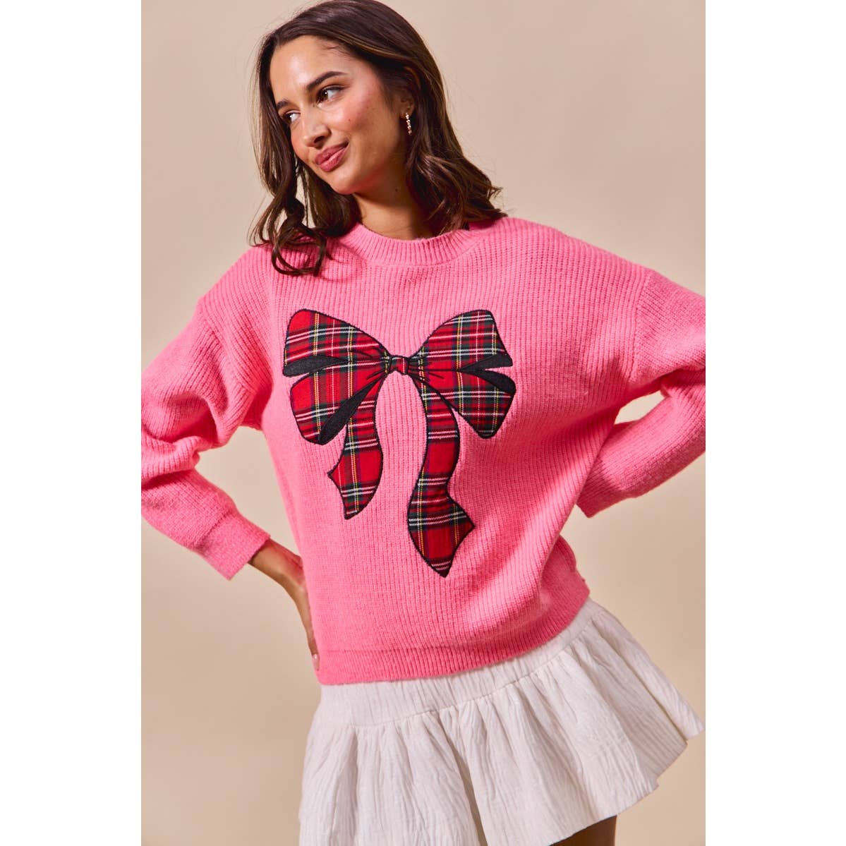 Pink Festive Plaid Bow Sweater – Oversized Holiday Ribbon Knit - Bella Blossom Boutique