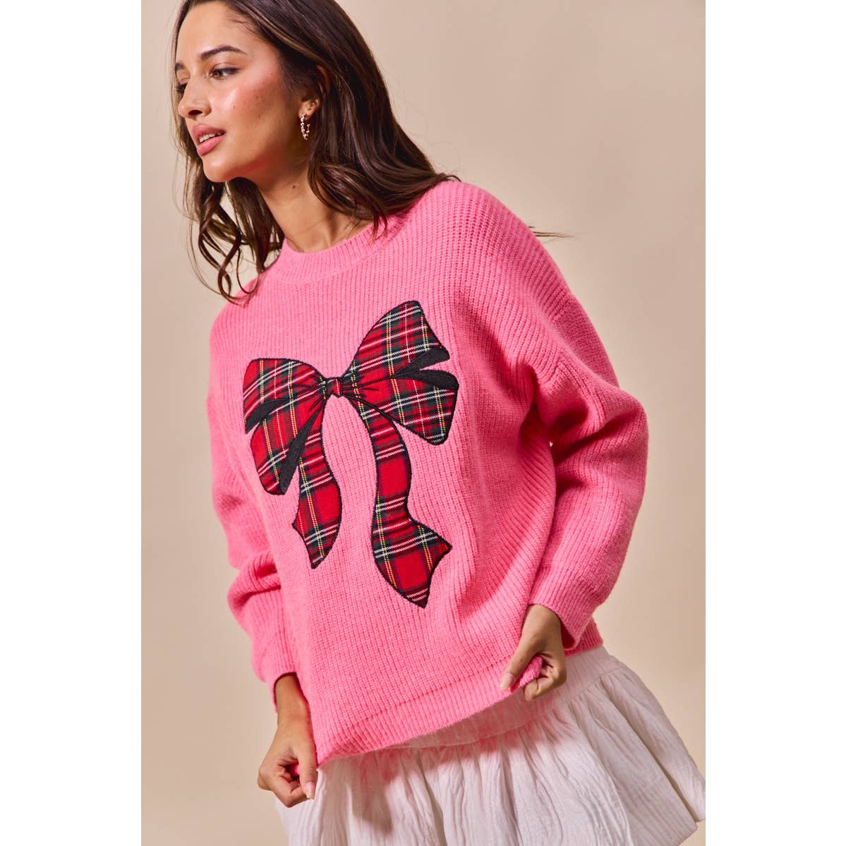 Pink Festive Plaid Bow Sweater – Oversized Holiday Ribbon Knit - Bella Blossom Boutique