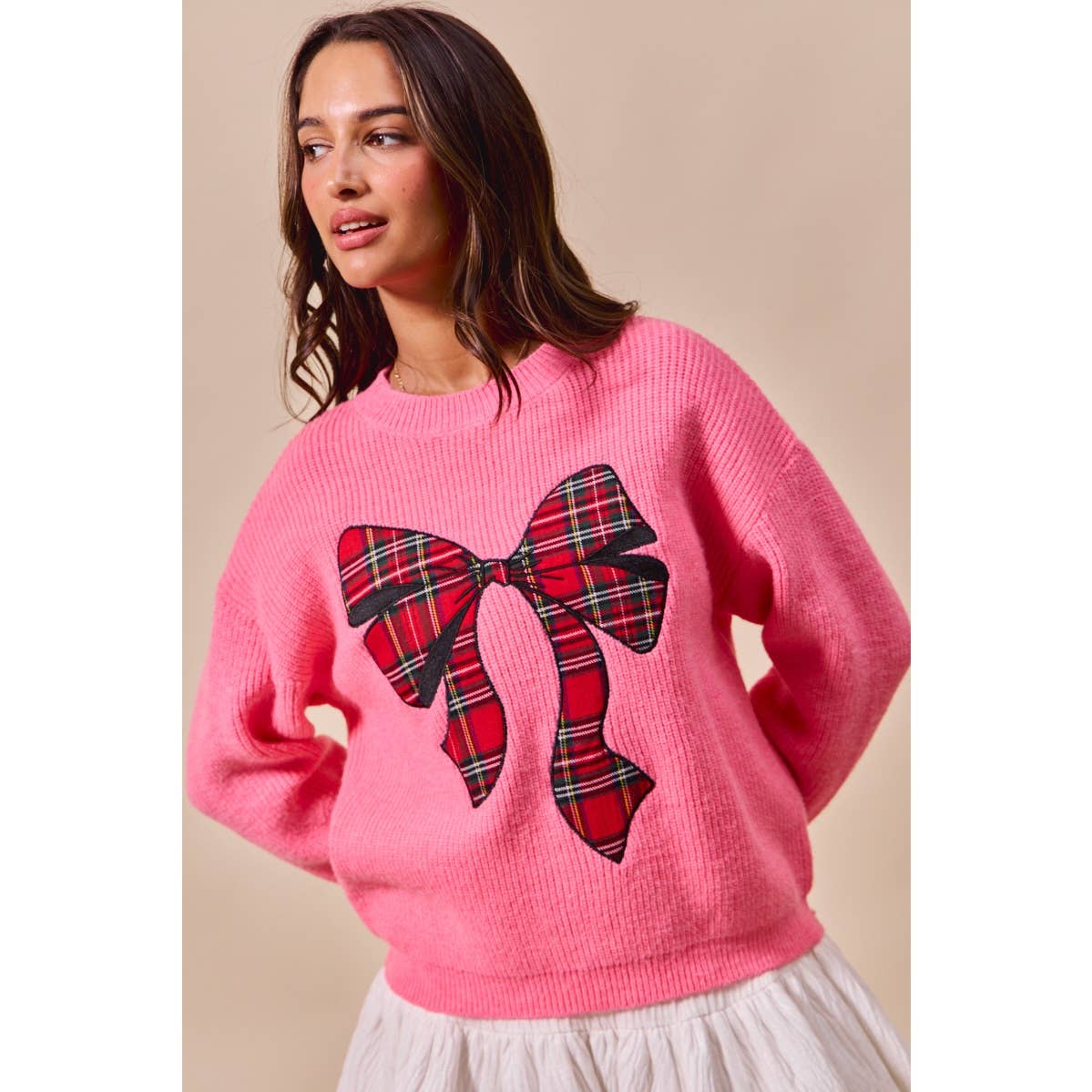 Pink Festive Plaid Bow Sweater – Oversized Holiday Ribbon Knit - Bella Blossom Boutique