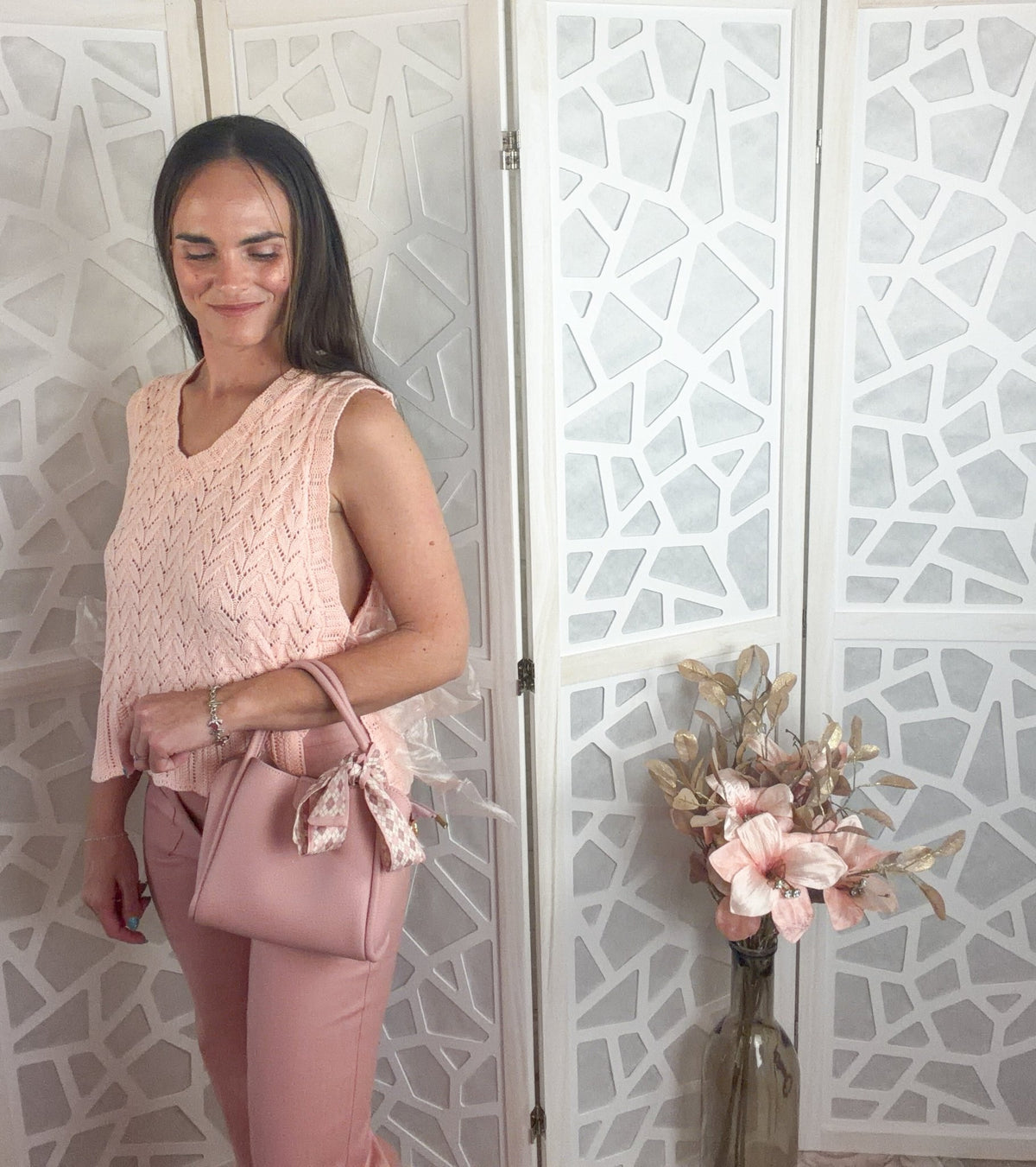 Pointelle Knit Ribbon-Tie Vest Top - Boho V-Neck Layering Piece - Bella Blossom Boutique
