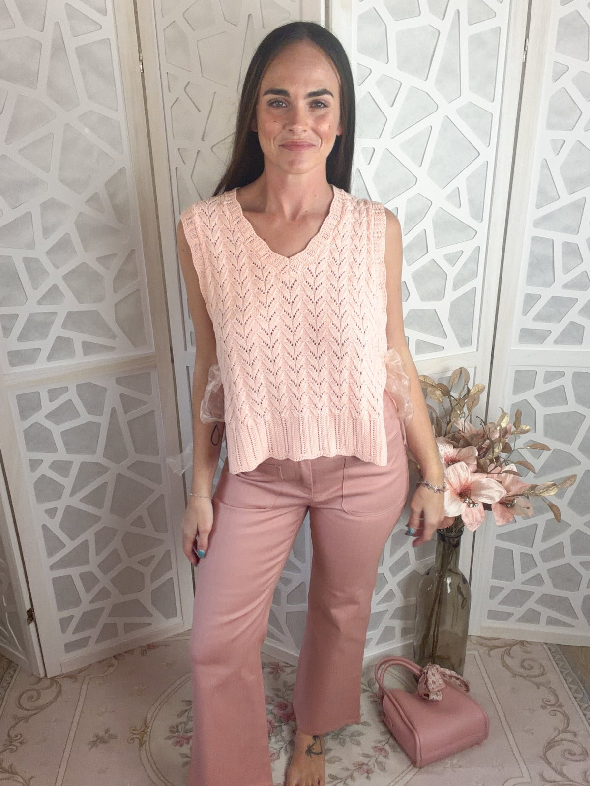 Pointelle Knit Ribbon-Tie Vest Top - Boho V-Neck Layering Piece - Bella Blossom Boutique