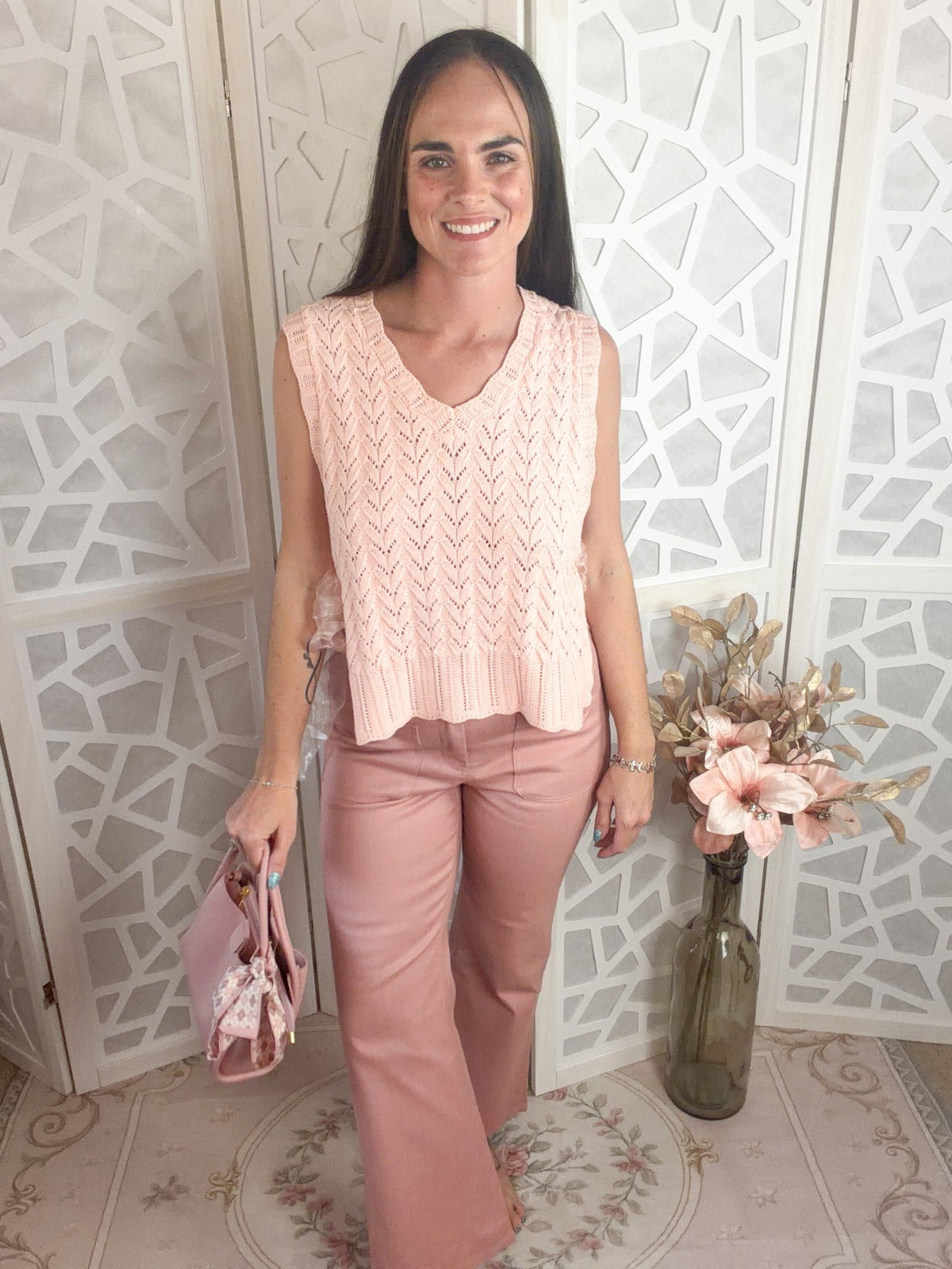 Pointelle Knit Ribbon-Tie Vest Top - Boho V-Neck Layering Piece - Bella Blossom Boutique