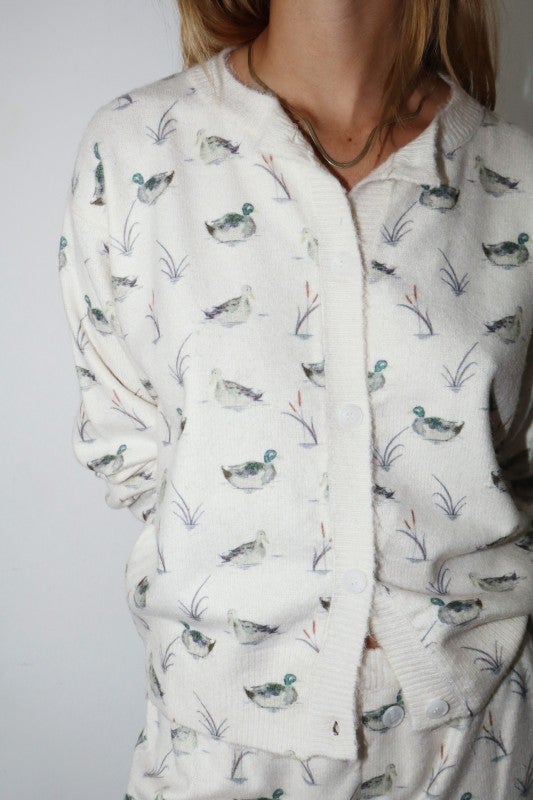 Quack Me Up | Vintage Duck Print Premium Wool Cardigan - Bella Blossom Boutique