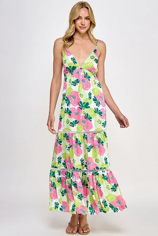 Radiant Floral Silk Tiered Maxi Dress - Bella Blossom Boutique