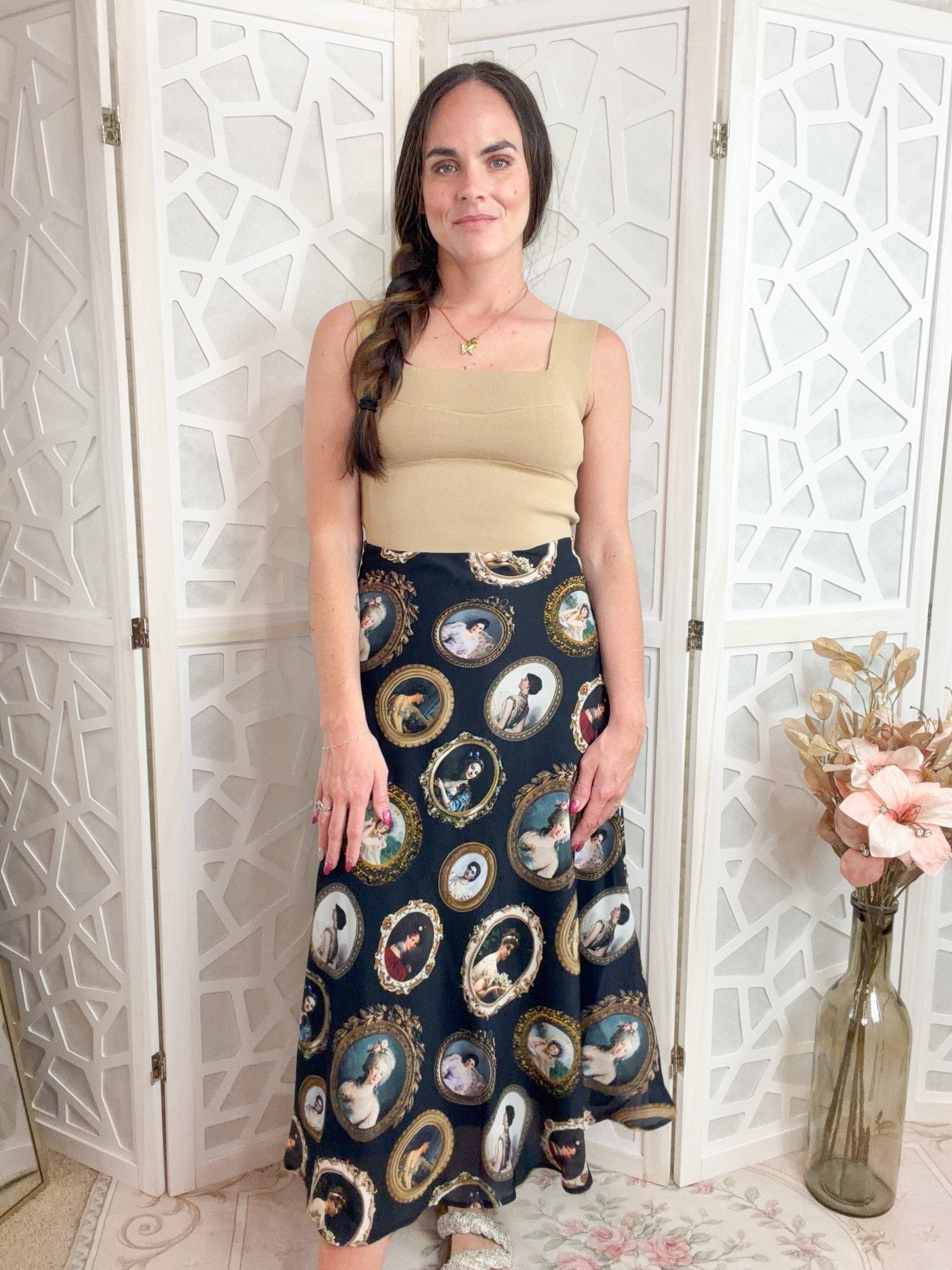 Regency Muse Vintage Portrait Print A - Line Midi Skirt - Bella Blossom Boutique