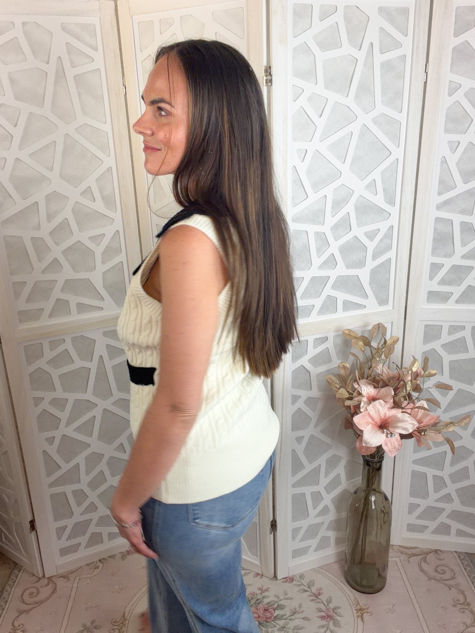 Retro Preppy Cable Knit Vest – Contrast Collar Sleeveless Sweater - Bella Blossom Boutique
