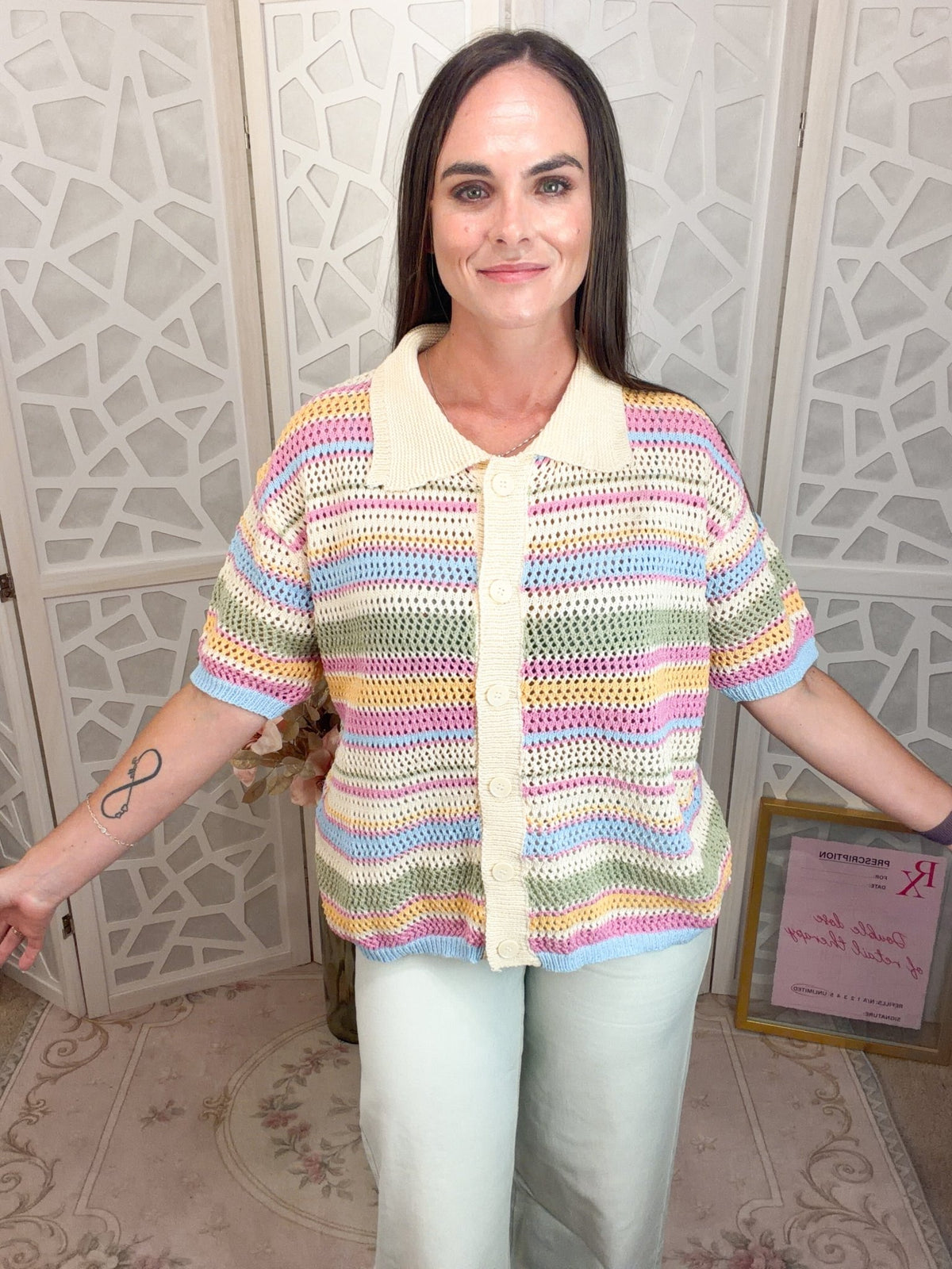 Retro Striped Button-Down Pointelle Knit Top - Bella Blossom Boutique