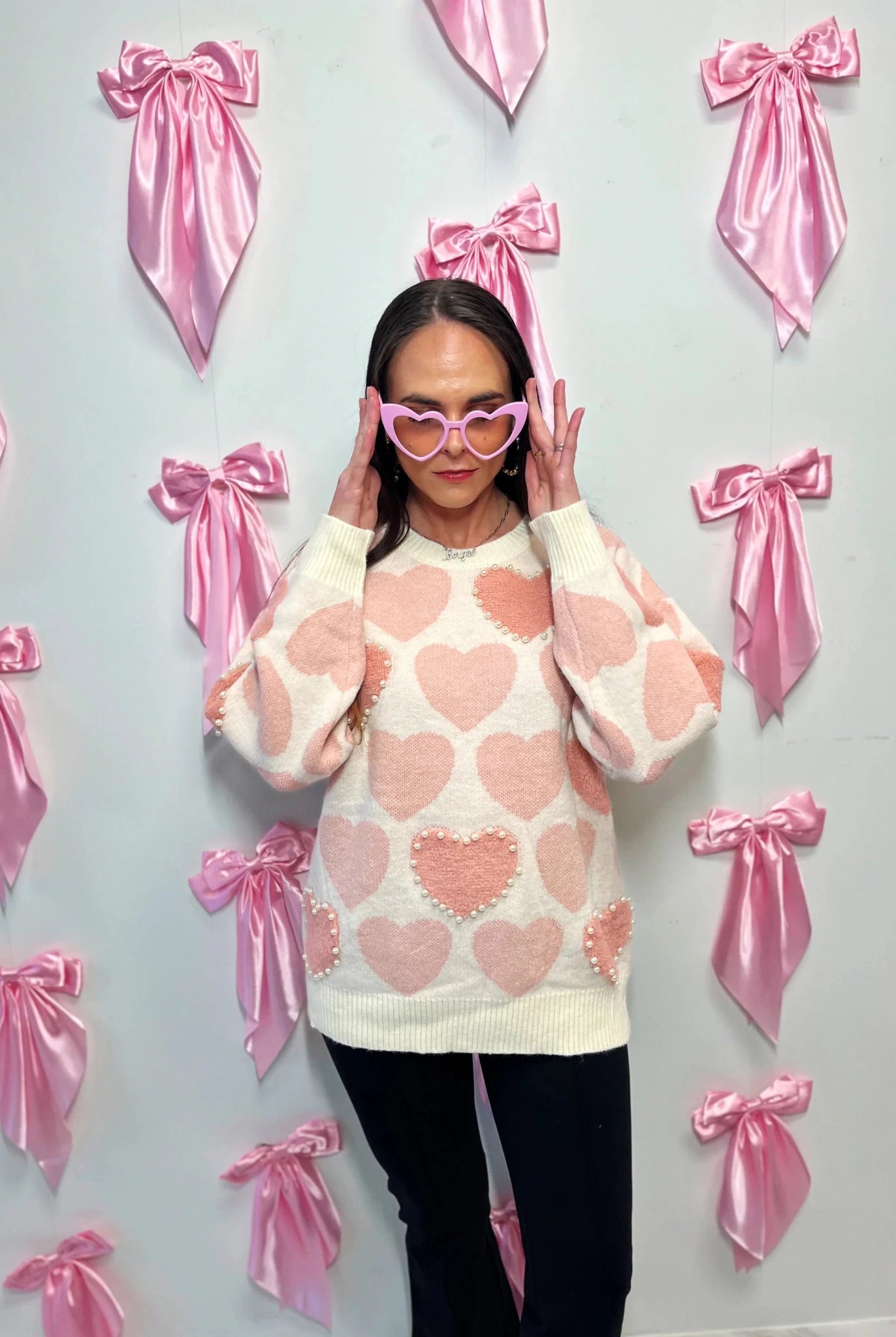 Romantic Pearl Heart Embellished Knit Sweater - Bella Blossom Boutique