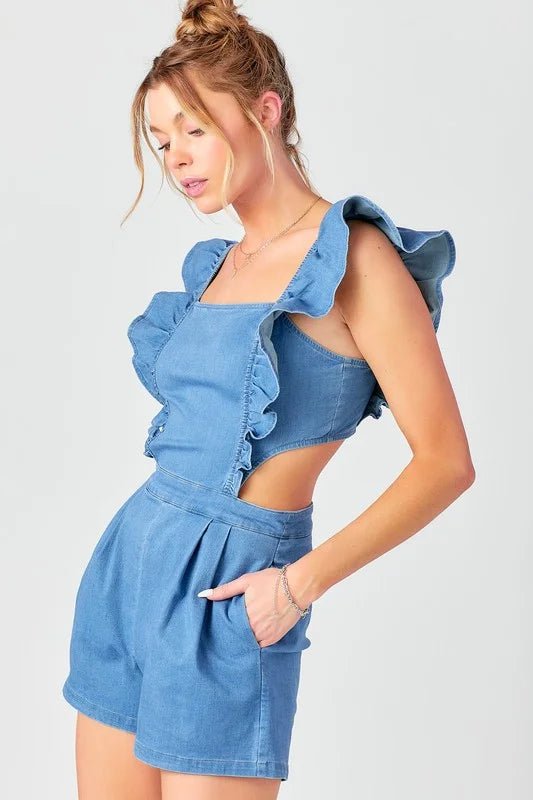 Ruffle Sleeve Open - Back Denim Romper – Chic Summer Jumpsuit - Bella Blossom Boutique