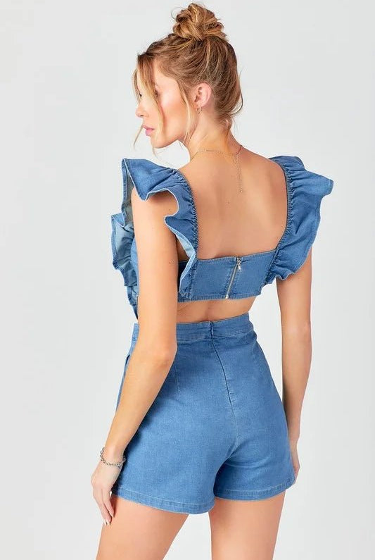 Ruffle Sleeve Open - Back Denim Romper – Chic Summer Jumpsuit - Bella Blossom Boutique