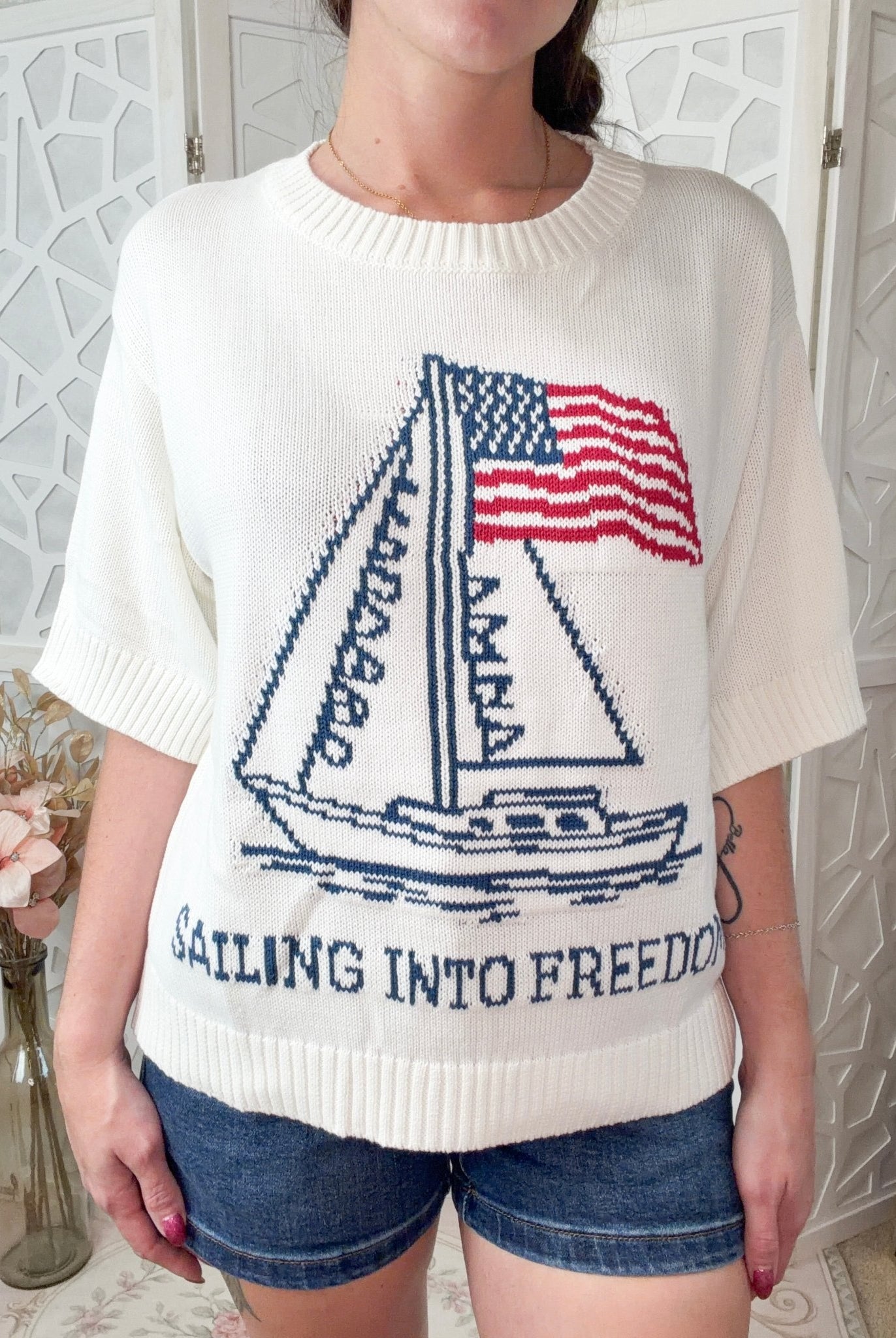 Sailing Into Freedom | USA Patriotic Jacquard Relaxed Sweater - Bella Blossom Boutique