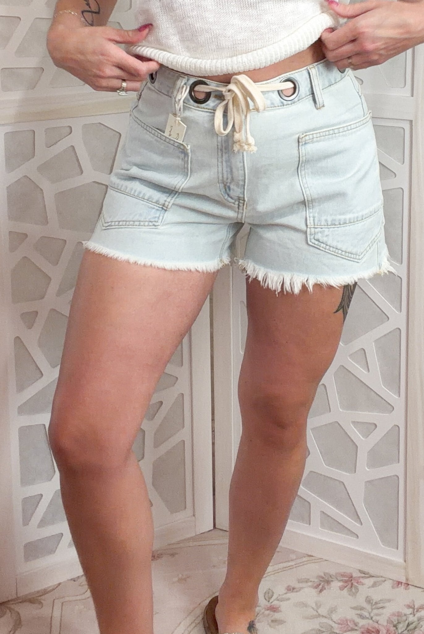 Salt Wash Grommet Tie-Waist Denim Shorts - Bella Blossom Boutique