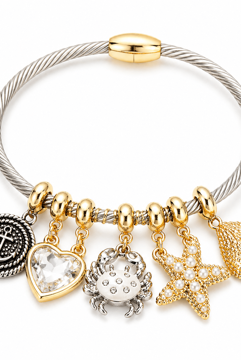 Saltwater Charm Bangle: Coastal Gold Beach Bracelet - Bella Blossom Boutique