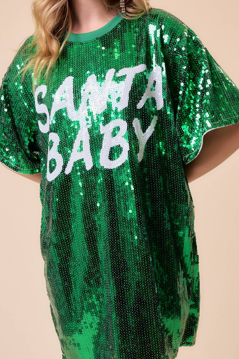 Santa Baby Sequin Oversized Holiday Party T-Shirt Dress- Green & Red - Bella Blossom Boutique