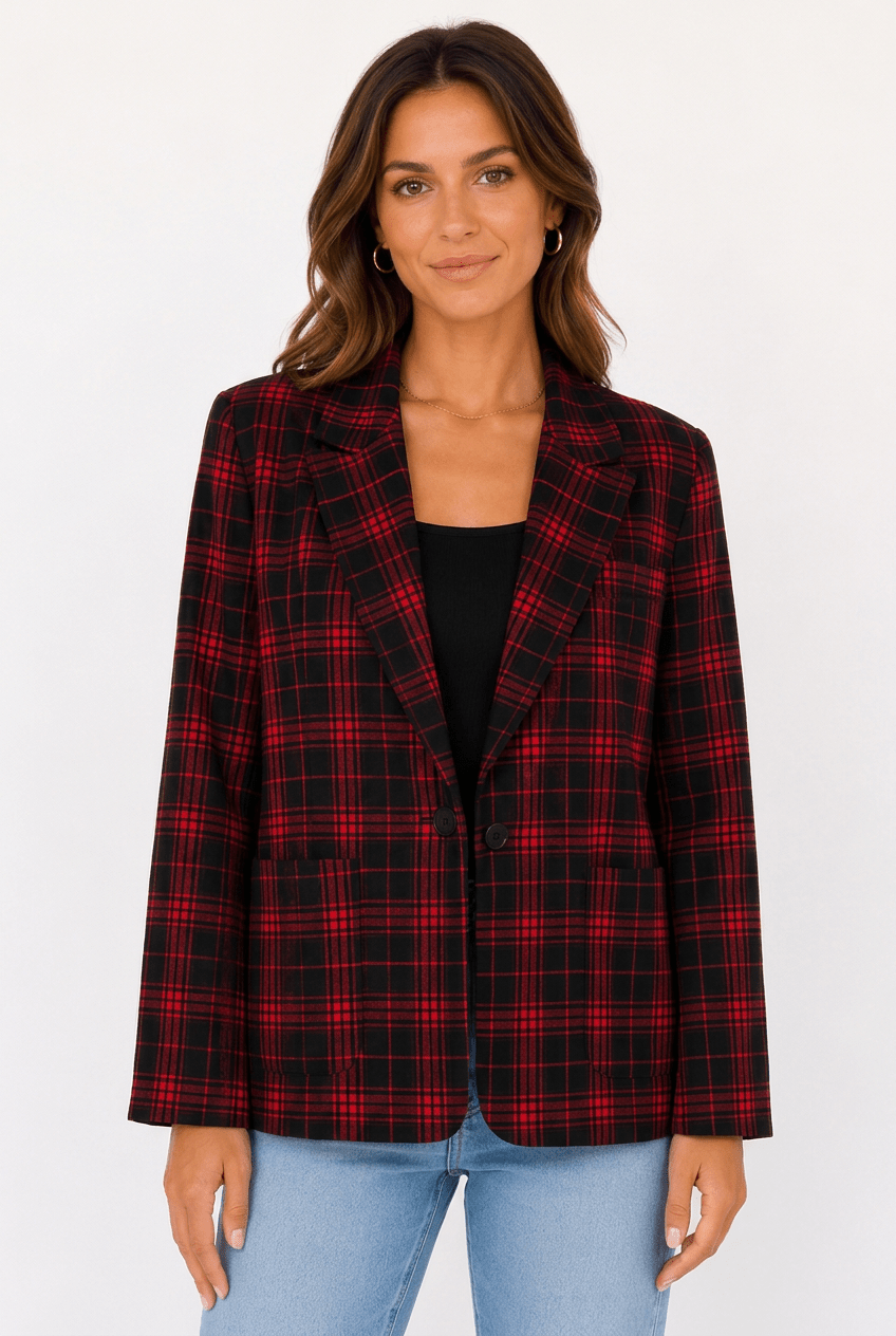 Scarlet Tartan Festive Tailored Blazer - Bella Blossom Boutique
