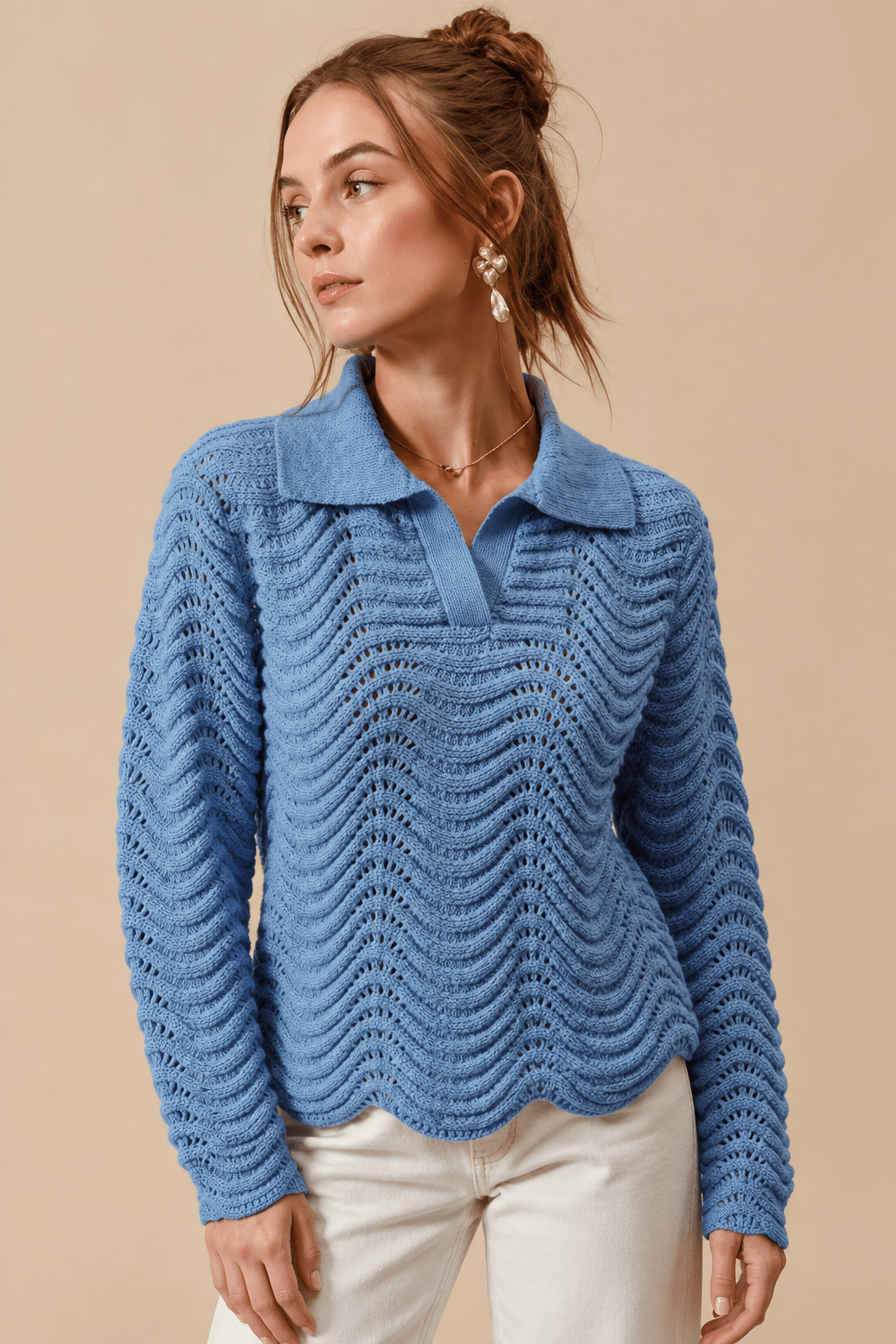 Serene Wavy Textured Notched Collar Polo Sweater - Bella Blossom Boutique