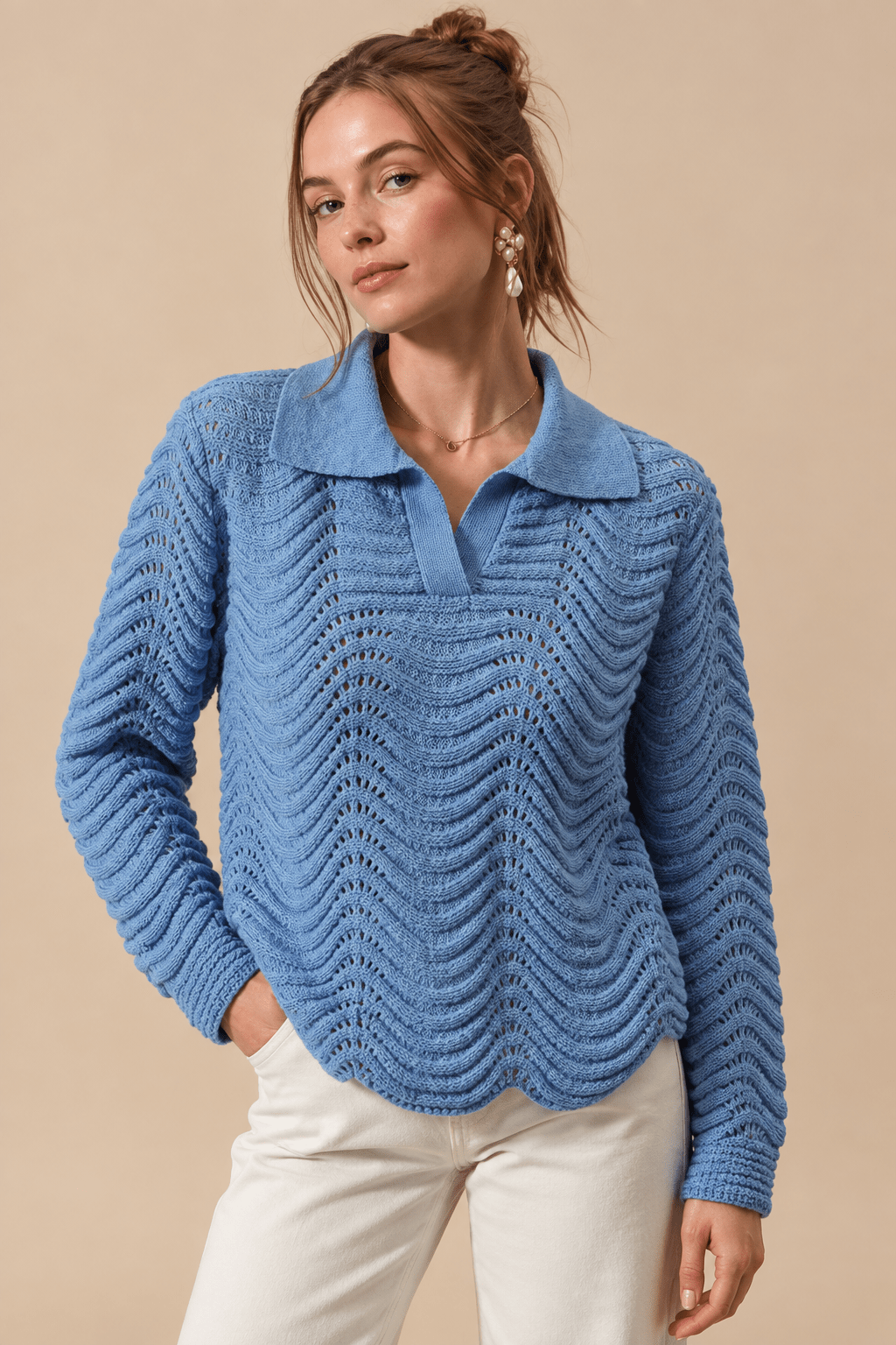 Serene Wavy Textured Notched Collar Polo Sweater - Bella Blossom Boutique