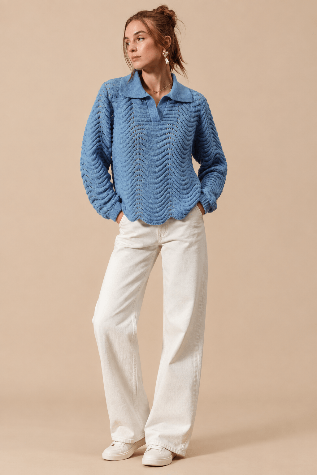 Serene Wavy Textured Notched Collar Polo Sweater - Bella Blossom Boutique