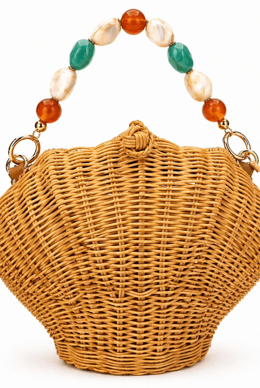 Shelie Gems Shell - Shaped Rattan Crossbody Bag with Gemstone Handle - Bella Blossom Boutique