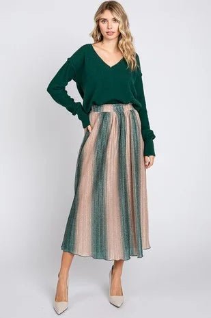 Shimmering Ombre Glitter Pleated Midi Skirt – Festive Holiday Edition - Bella Blossom Boutique