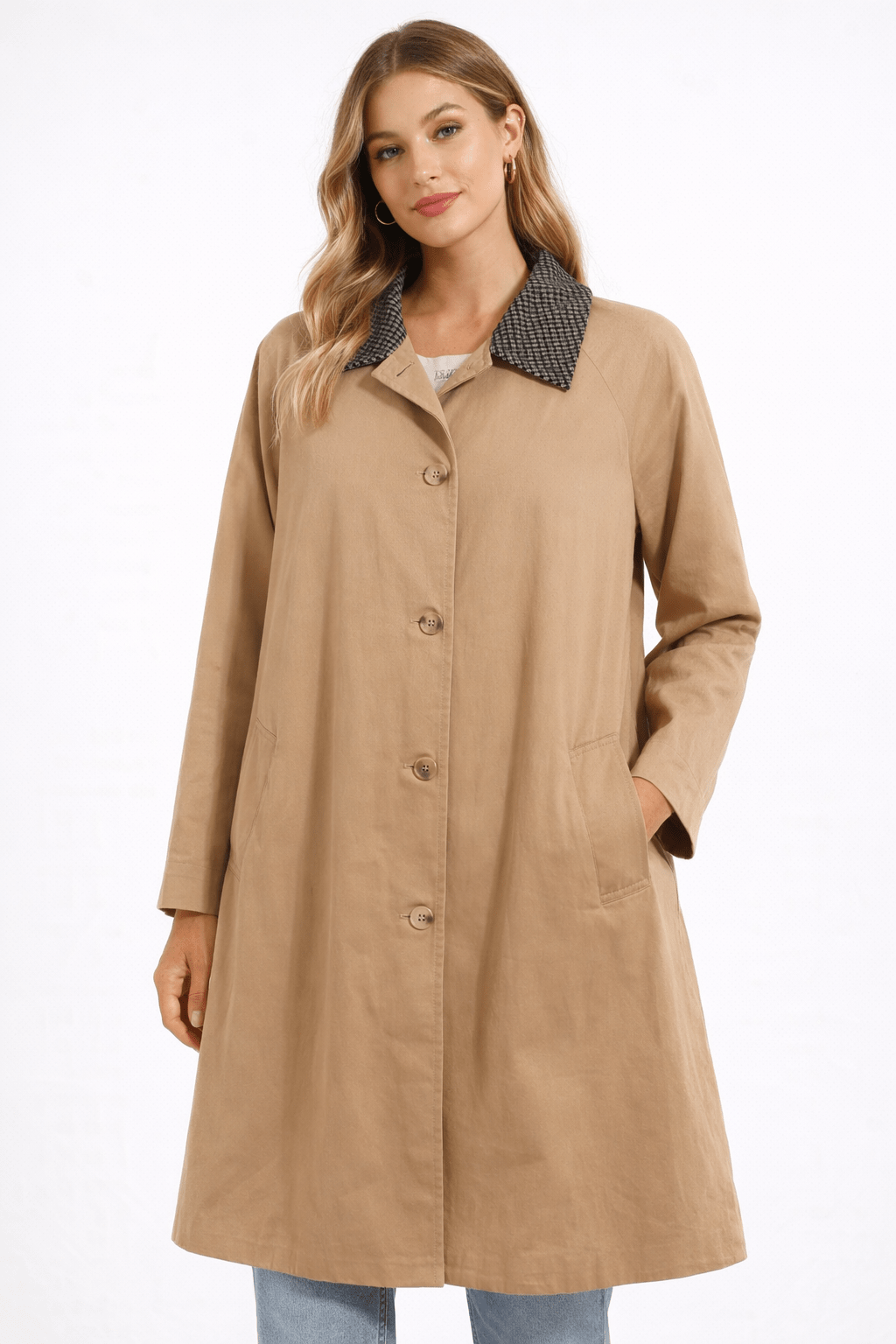 Sophisticated Houndstooth Collar Tailored Trench Coat - Bella Blossom Boutique