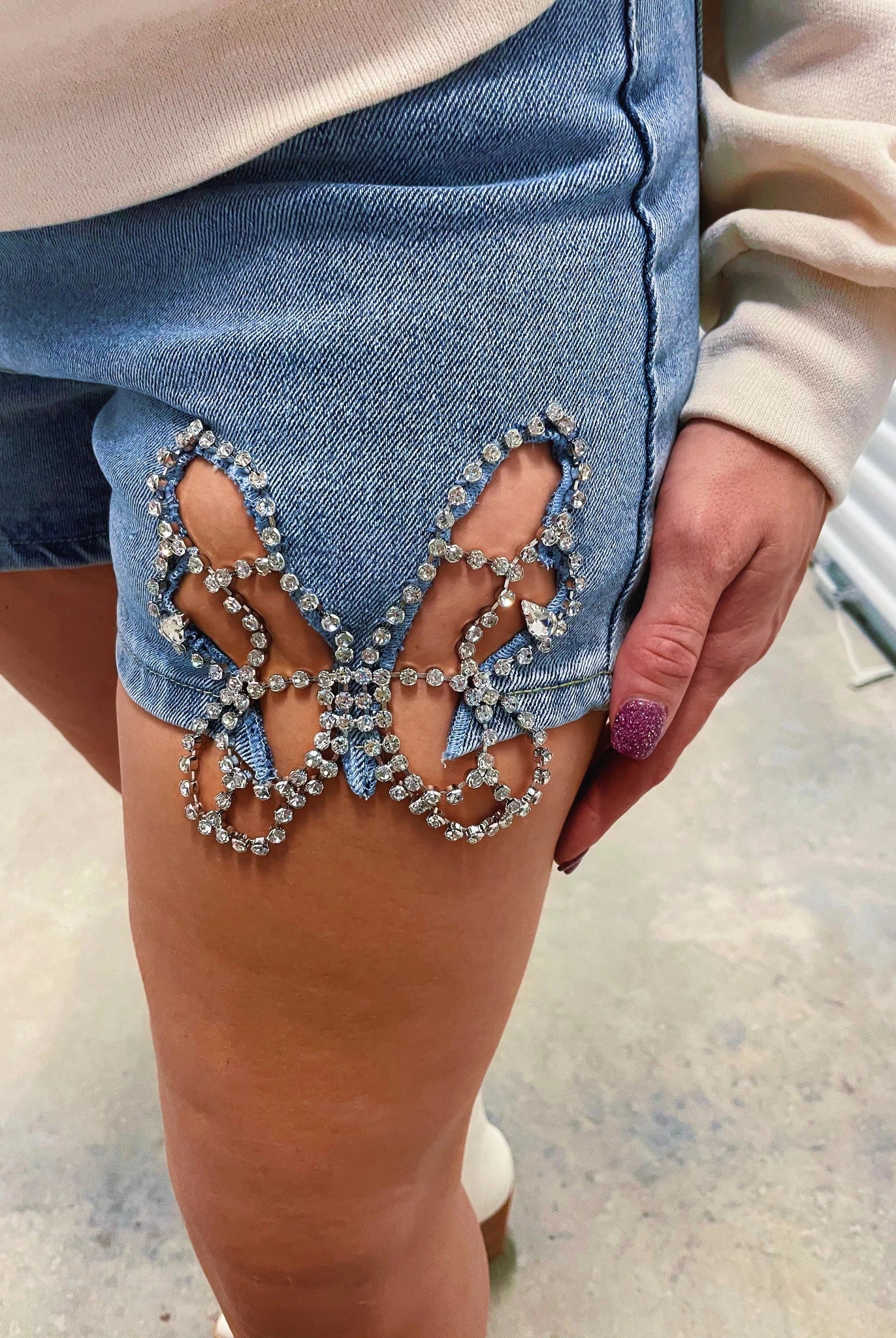 Sparkle & Shine High - Waisted Rhinestone Butterfly Denim Shorts - Bella Blossom Boutique
