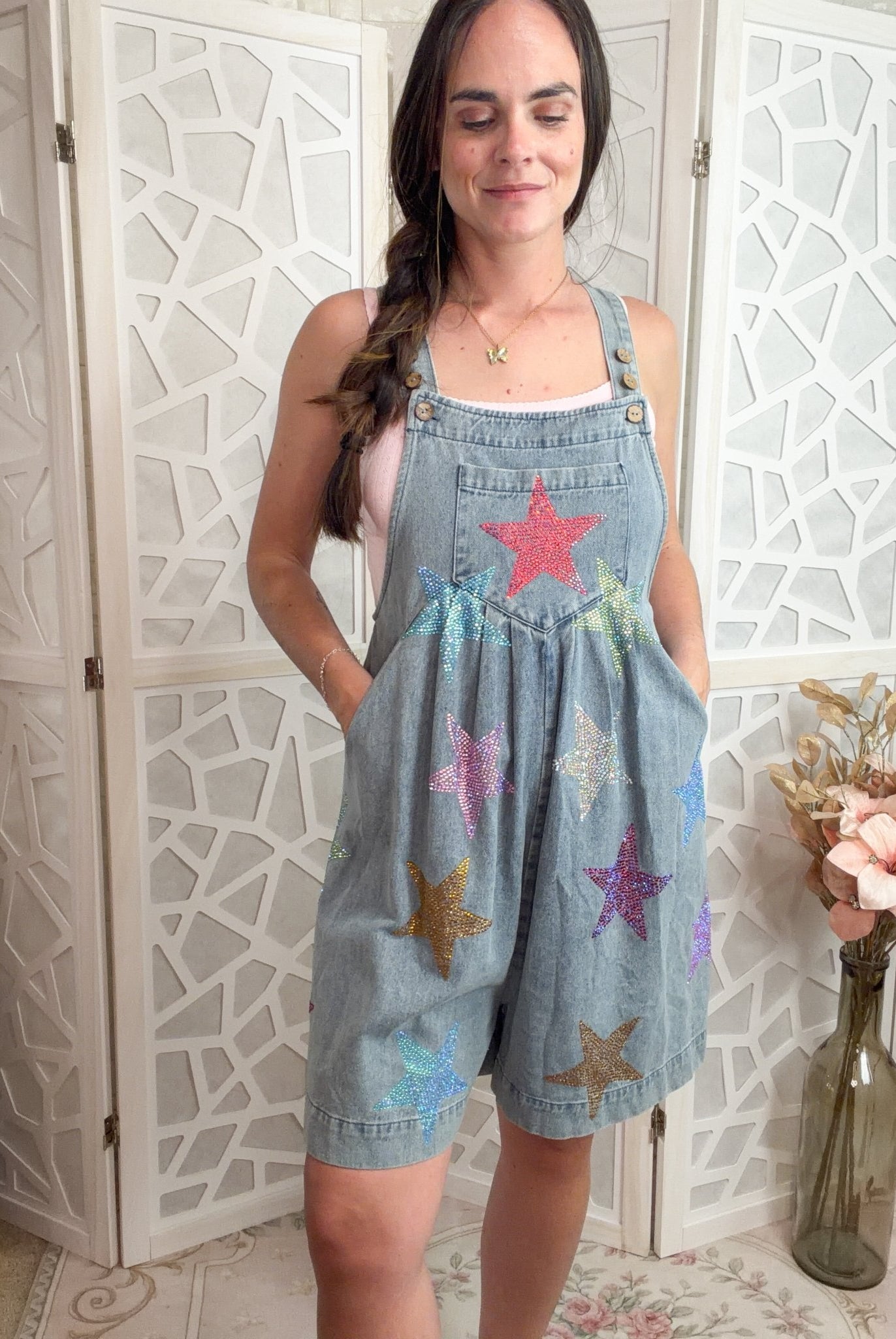 Sparkle Star Rhinestone Wide - Leg Denim Shortalls - Bella Blossom Boutique