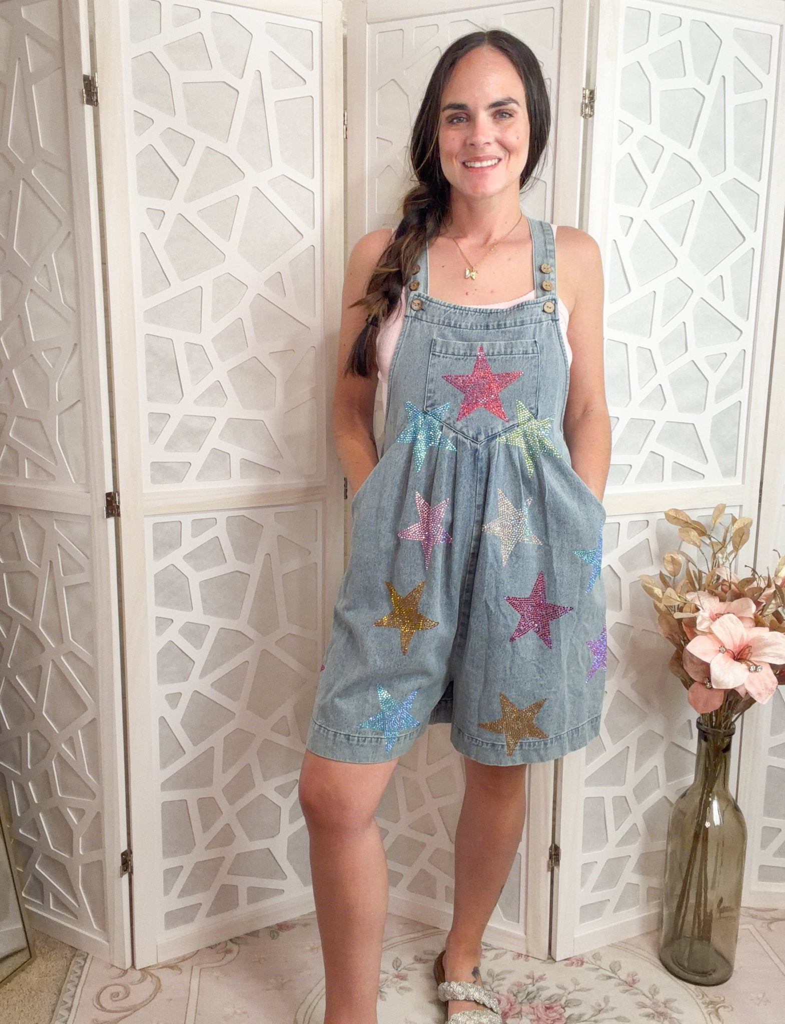 Sparkle Star Rhinestone Wide - Leg Denim Shortalls - Bella Blossom Boutique