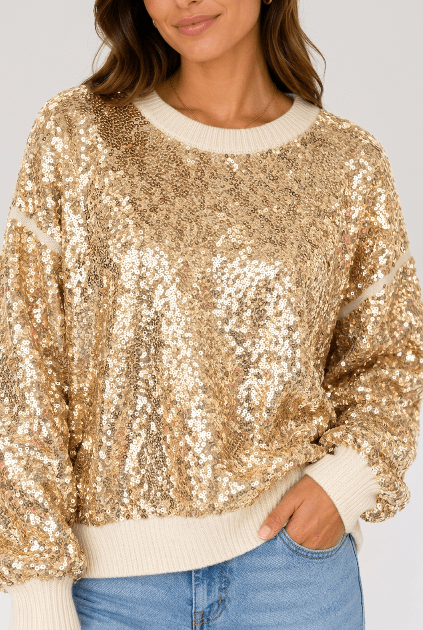 Sparkling Gold Sequin "Merry Christmas" Holiday Party Sweater - Bella Blossom Boutique