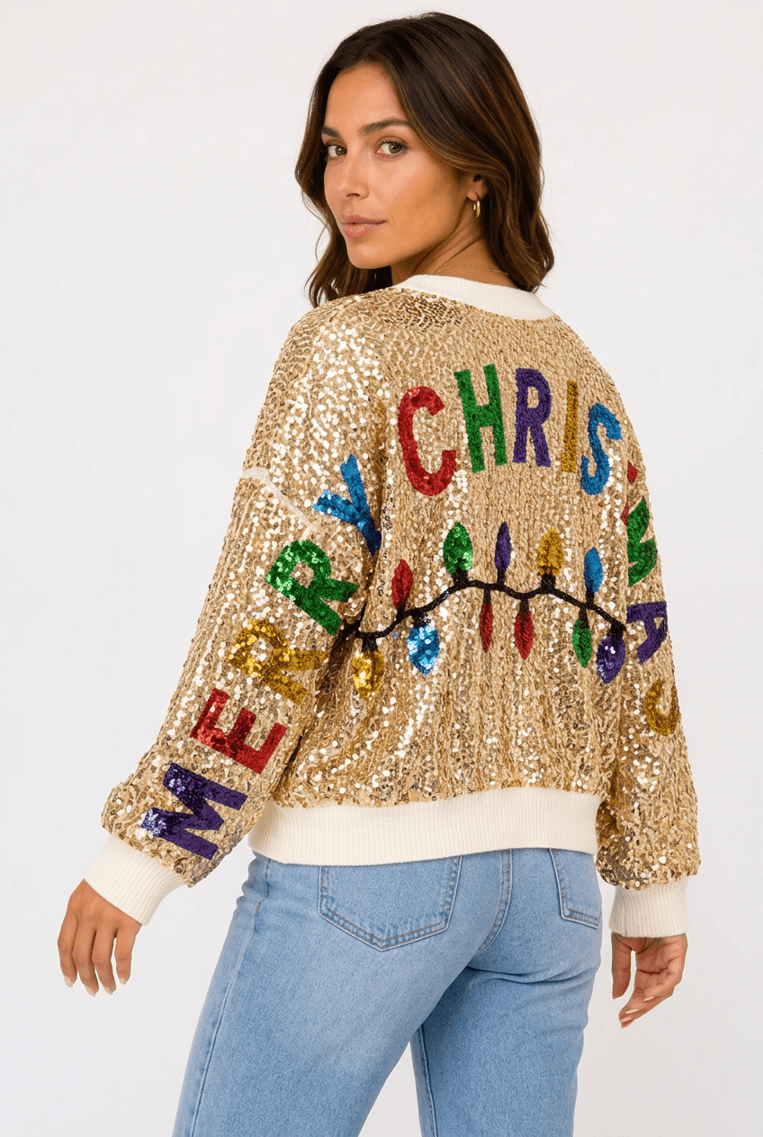 Sparkling Gold Sequin "Merry Christmas" Holiday Party Sweater - Bella Blossom Boutique