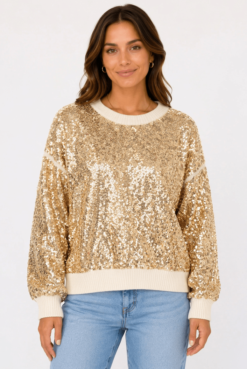 Sparkling Gold Sequin "Merry Christmas" Holiday Party Sweater - Bella Blossom Boutique