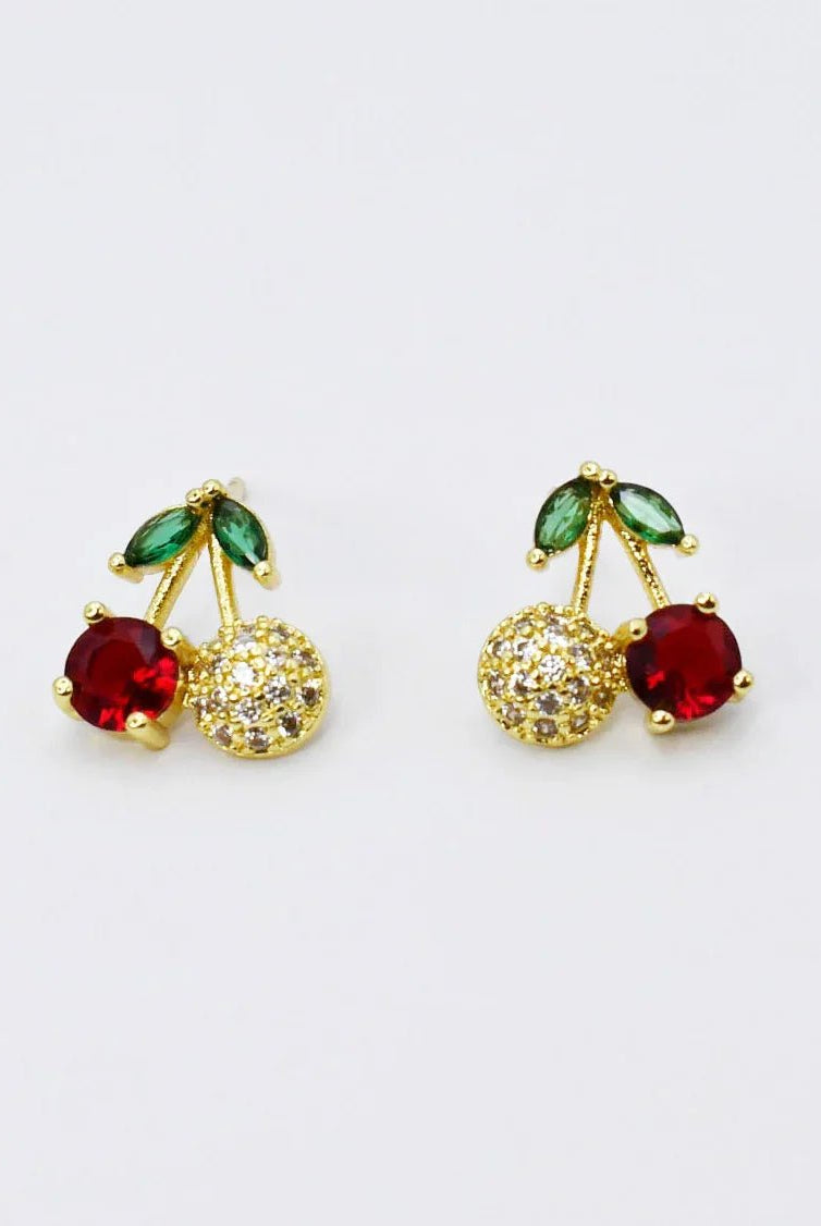 Sparkling Red Cherry Crystal Stud Earrings – Polished Gold Finish - Bella Blossom Boutique