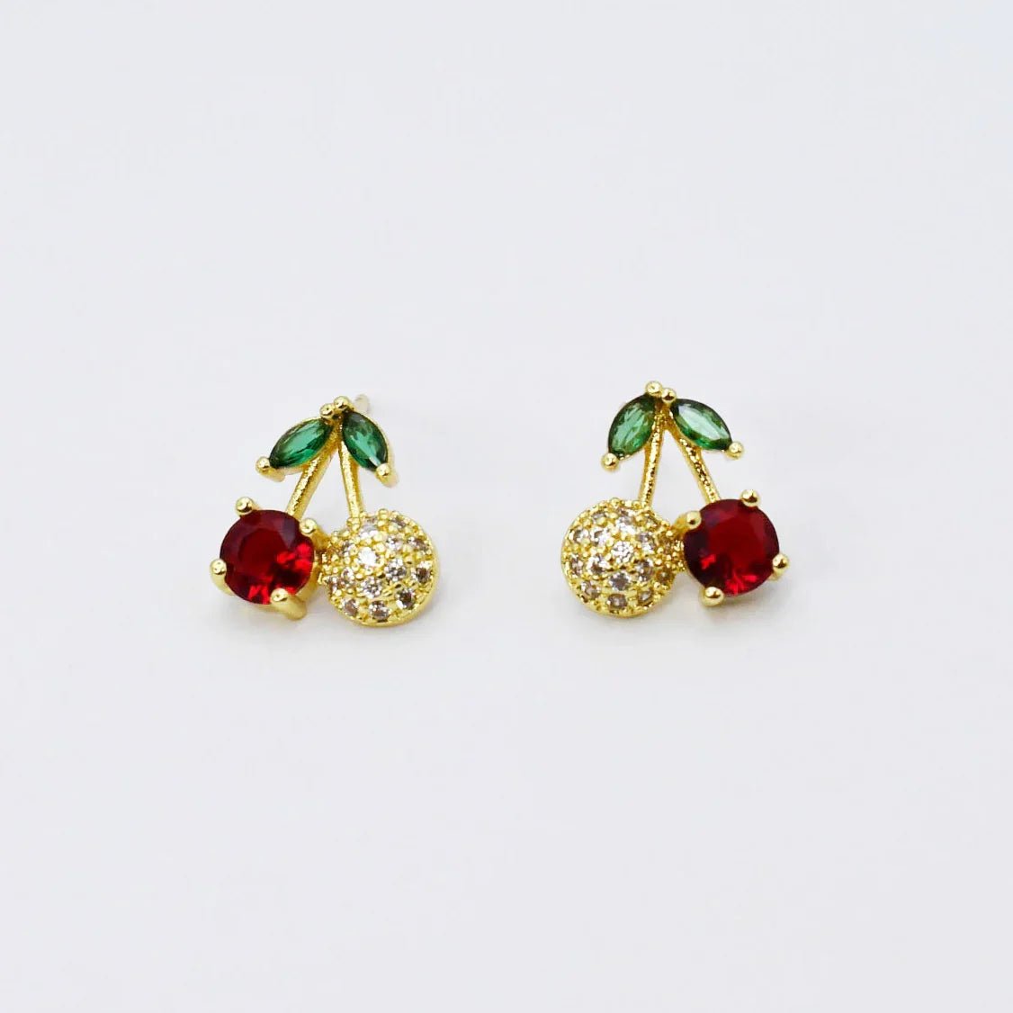 Sparkling Red Cherry Crystal Stud Earrings – Polished Gold Finish - Bella Blossom Boutique