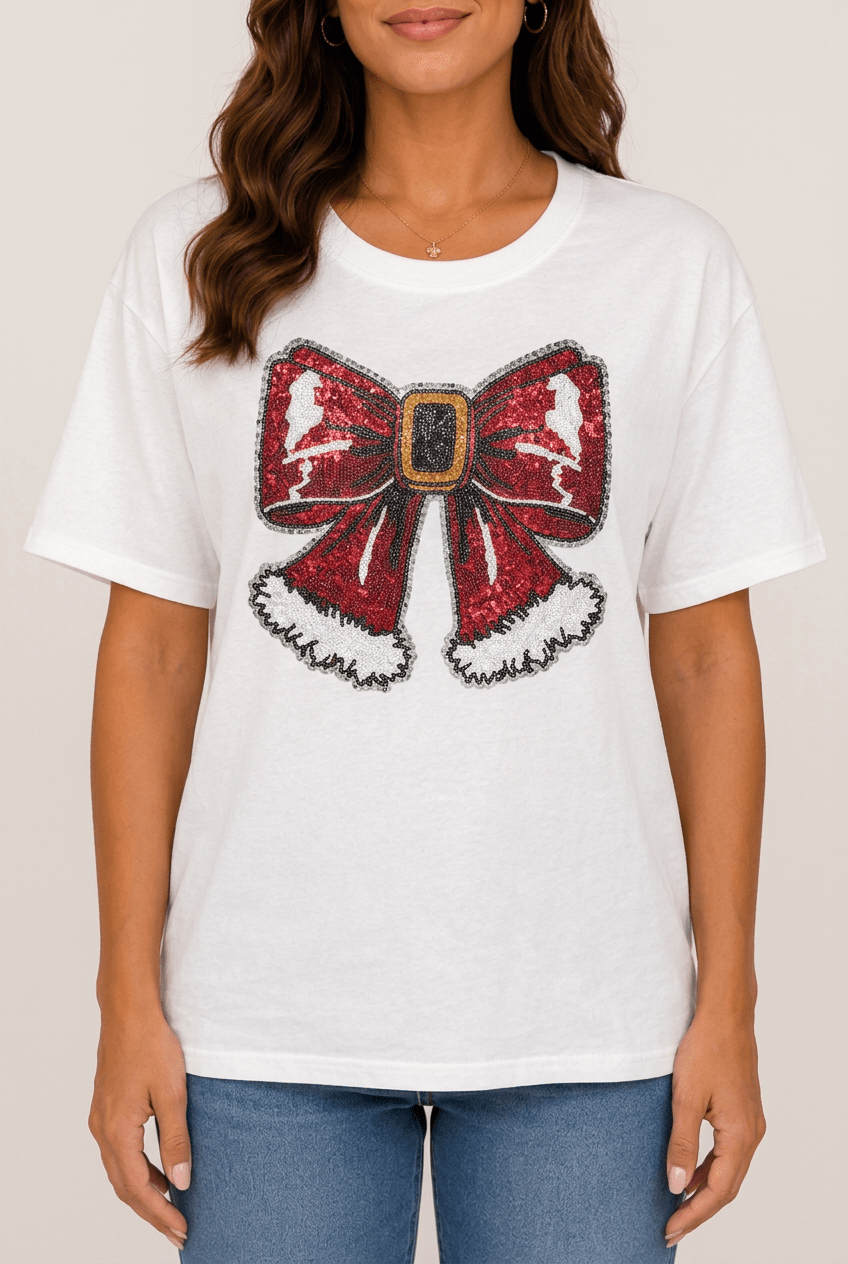 Sparkling Santa Bow Sequin Festive Christmas Tee - Bella Blossom Boutique