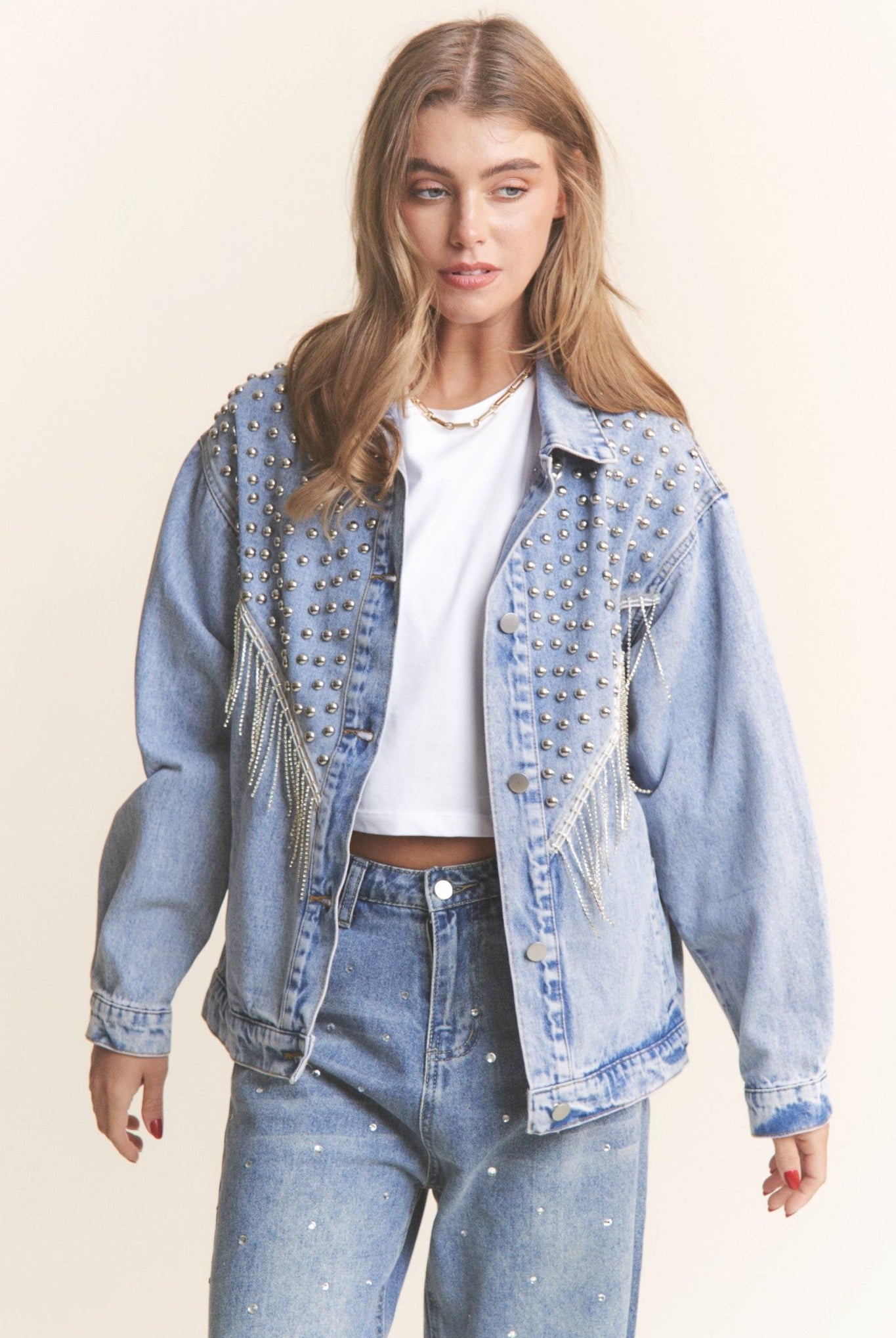 Stellar Sparkle: Rhinestone Fringe Studded Denim Jacket - Bella Blossom Boutique