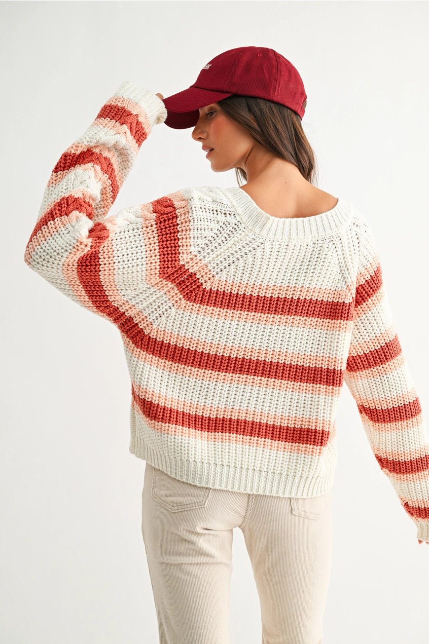 Sunset Stripe Oversized Chunky Knit V-Neck Sweater - Bella Blossom Boutique