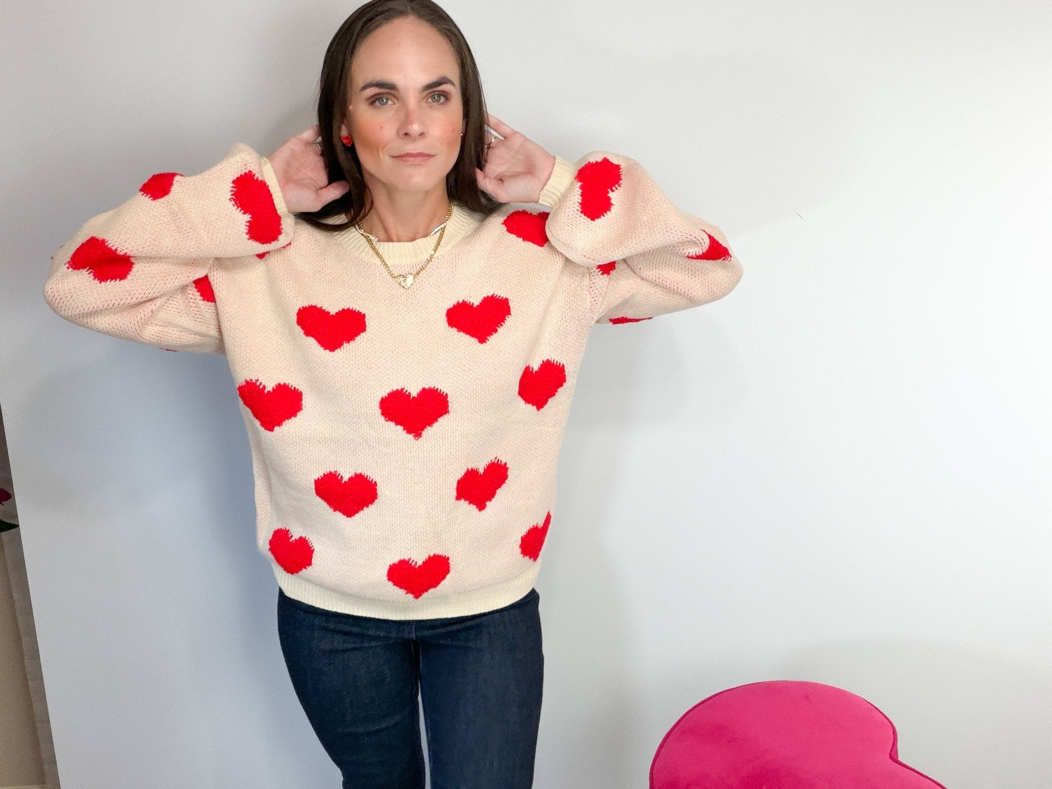 Sweetheart Stitched Heart Oversized Knit Sweater - Bella Blossom Boutique