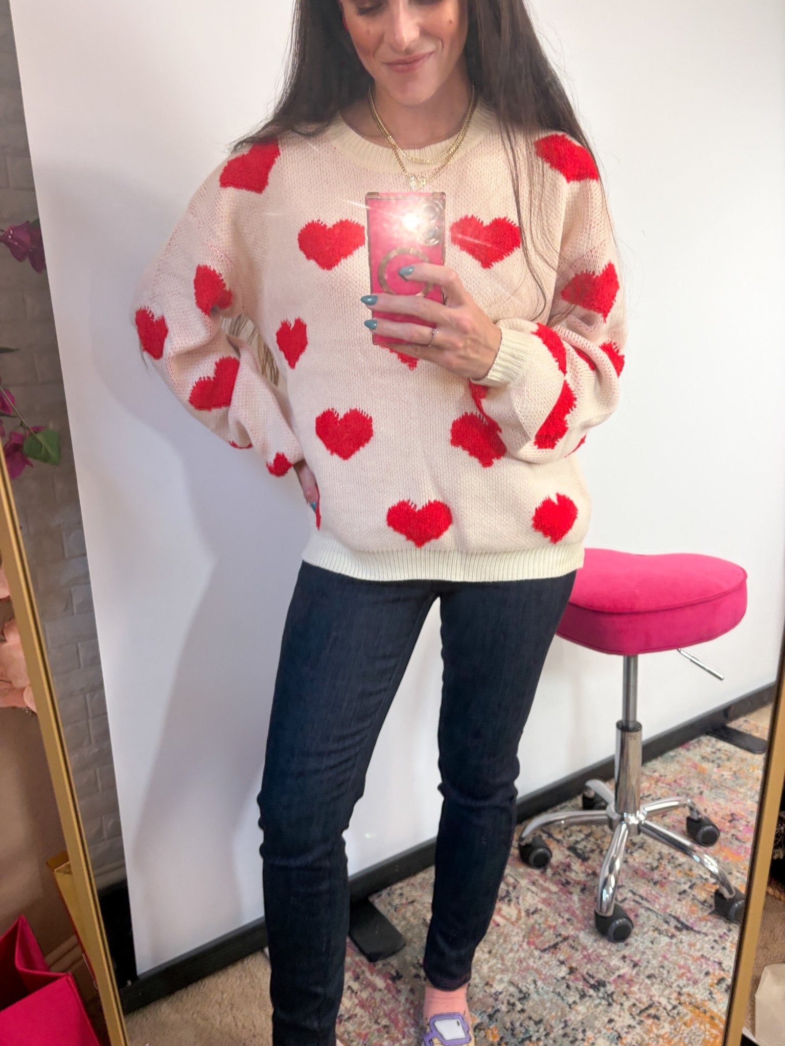 Sweetheart Stitched Heart Oversized Knit Sweater - Bella Blossom Boutique