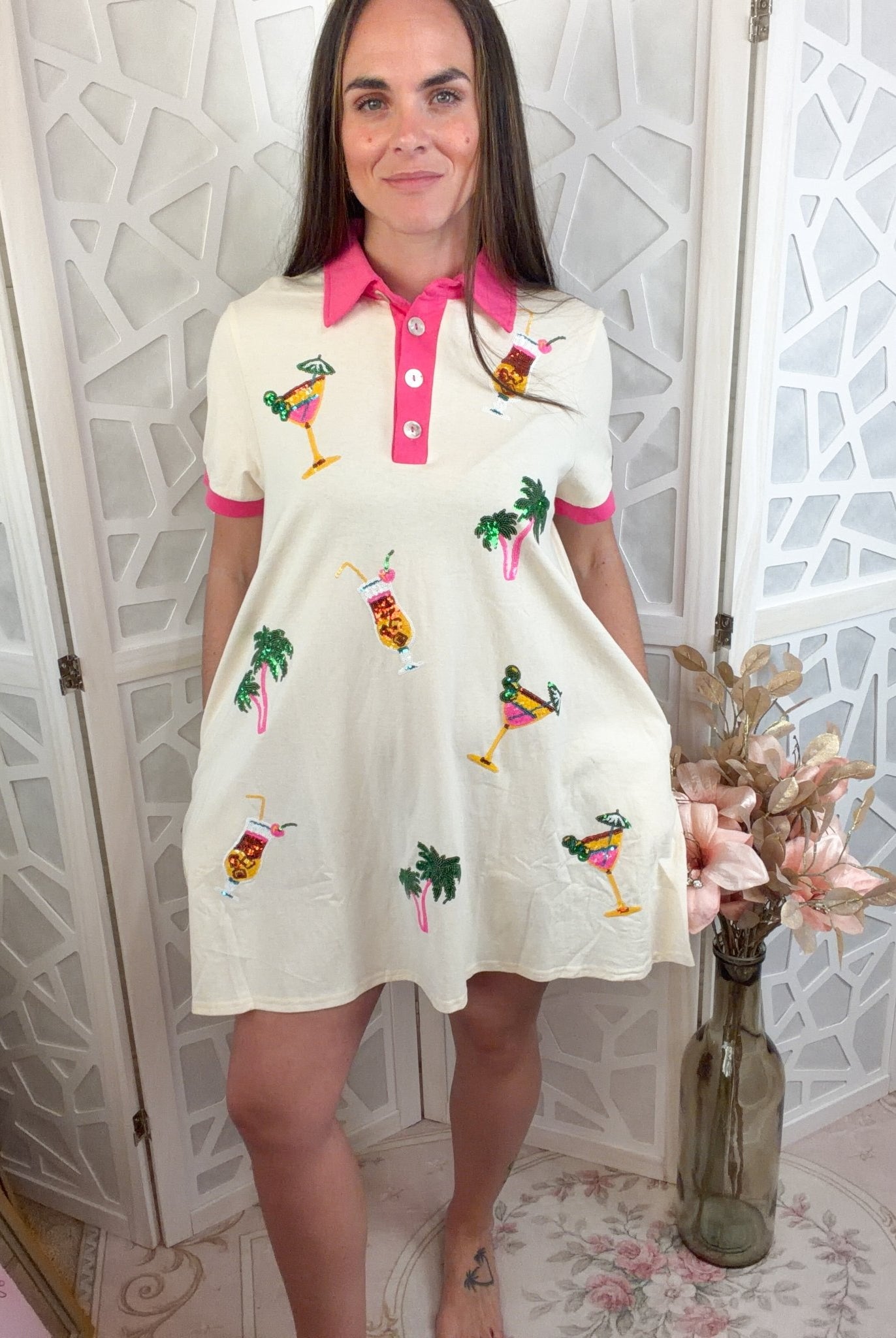 Tropical Palm Tree & Cocktail Sequin Polo Mini Dress - Bella Blossom Boutique