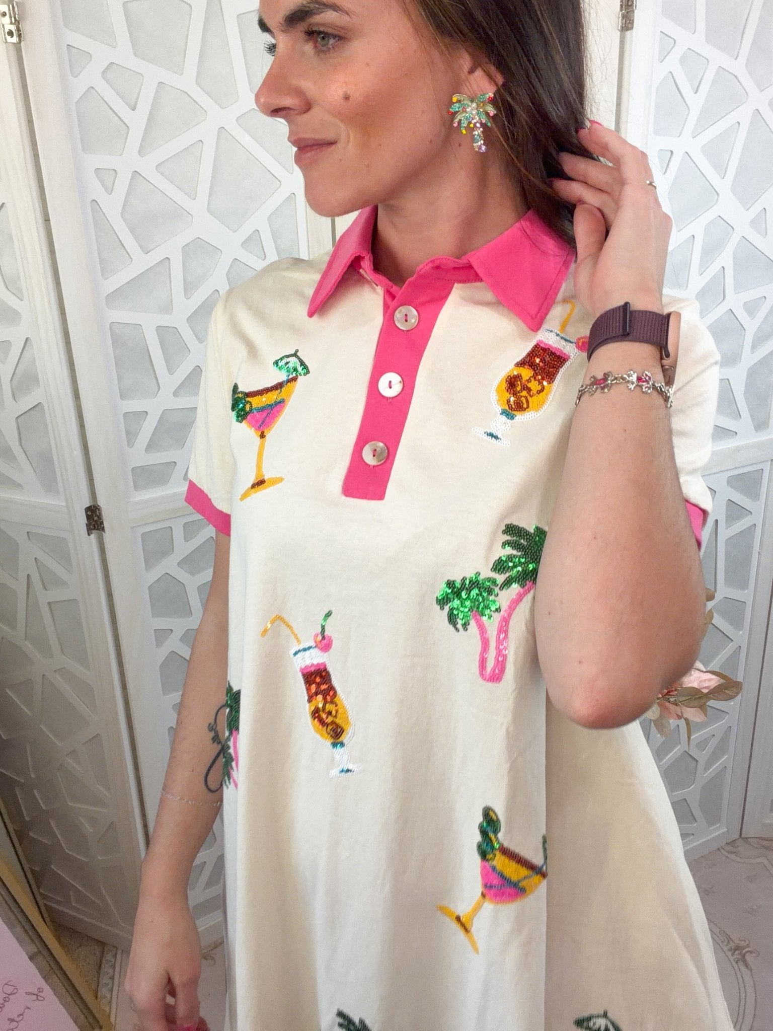 Tropical Palm Tree & Cocktail Sequin Polo Mini Dress - Bella Blossom Boutique