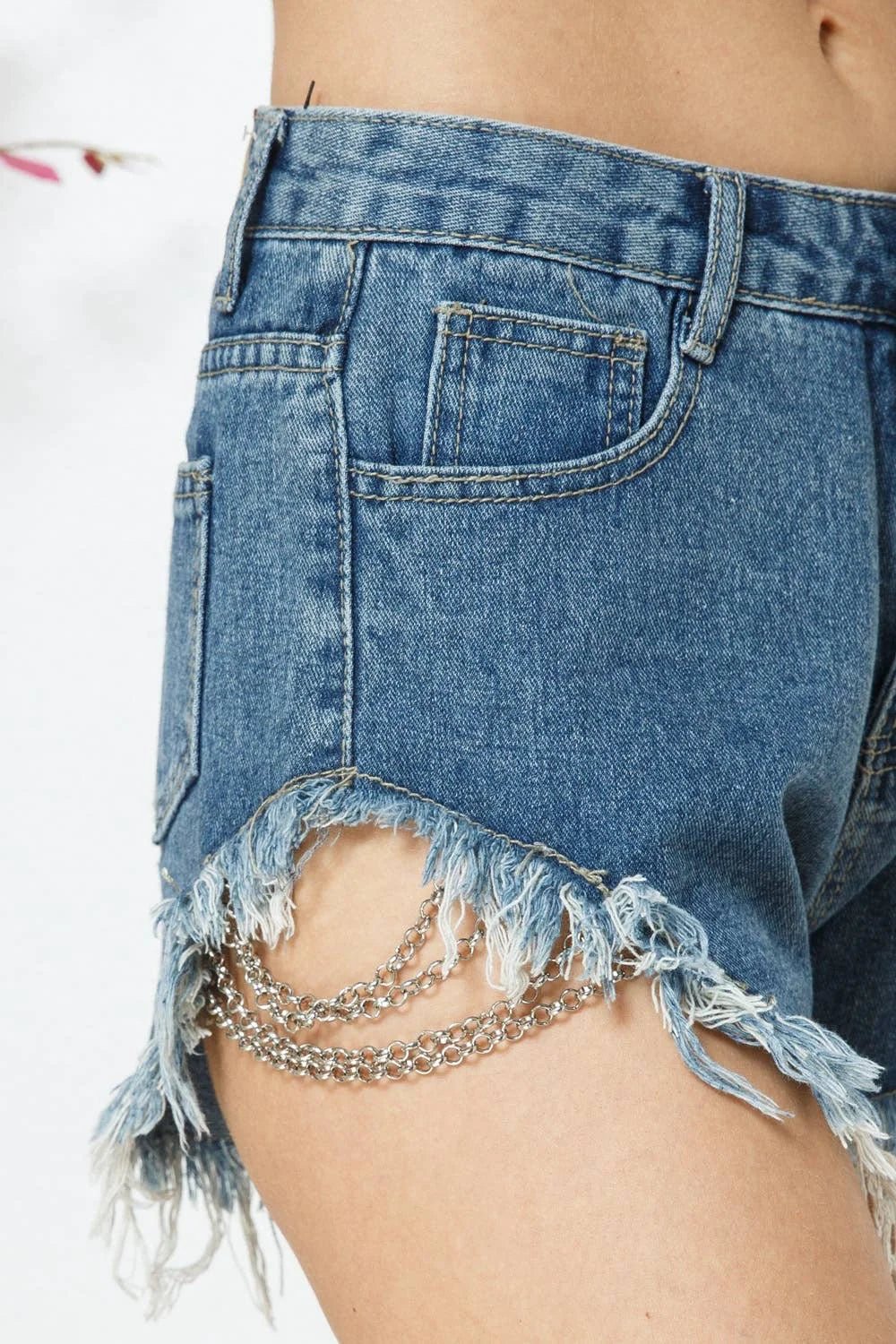 Urban Edge Frayed Chain Distressed Denim Shorts - Bella Blossom Boutique