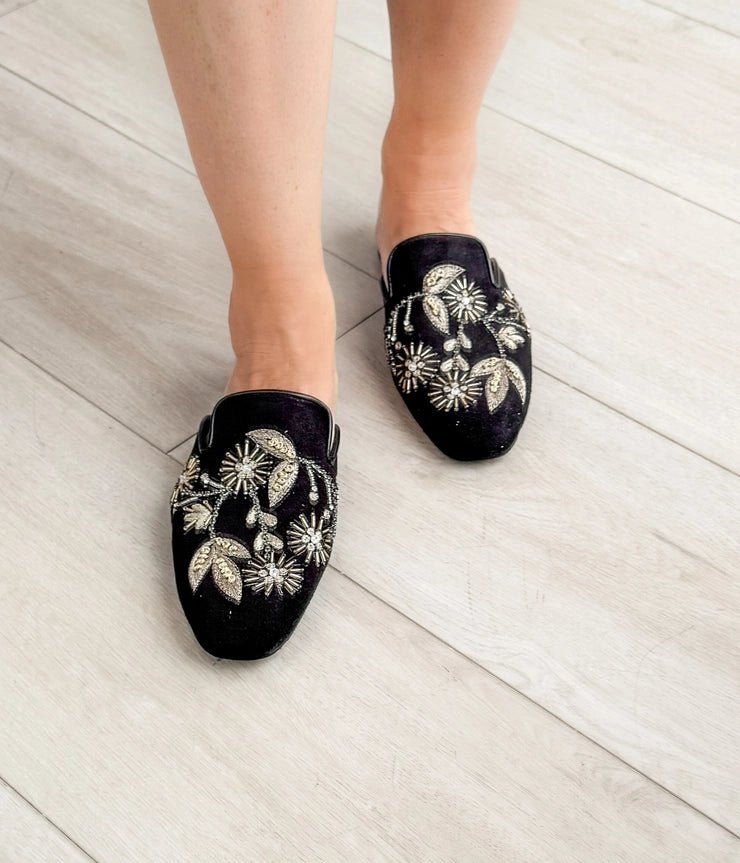 Velvet Bloom Embroidered Floral Slip - On Mules - Bella Blossom Boutique