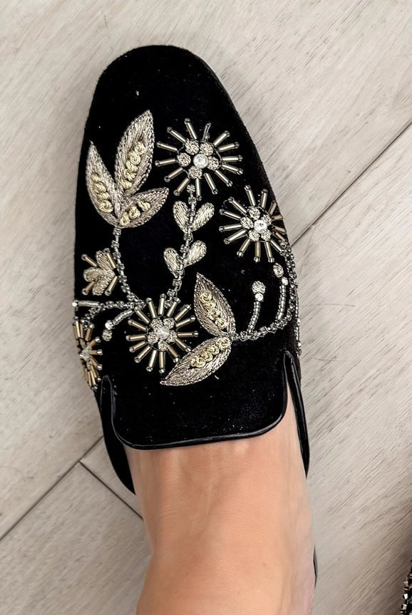 Velvet Bloom Embroidered Floral Slip - On Mules - Bella Blossom Boutique