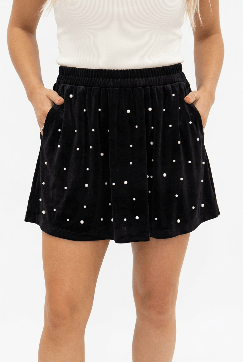 Velvet Skort with Pearl Details- Green & Black - Bella Blossom Boutique