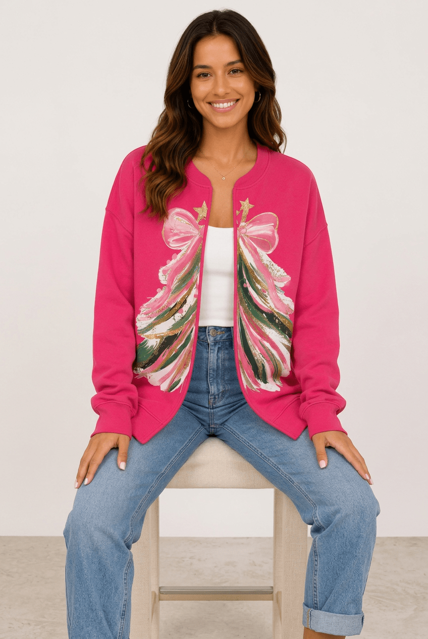 Vibrant Pink Christmas Tree Graphic Cardigan - Bella Blossom Boutique