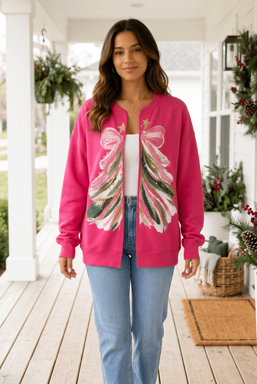 Vibrant Pink Christmas Tree Graphic Cardigan - Bella Blossom Boutique