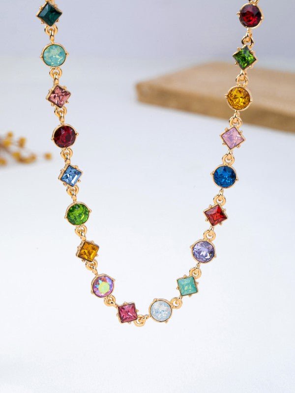 Vibrant Prism: Mixed-Shape Rainbow Crystal Station Necklace - Bella Blossom Boutique