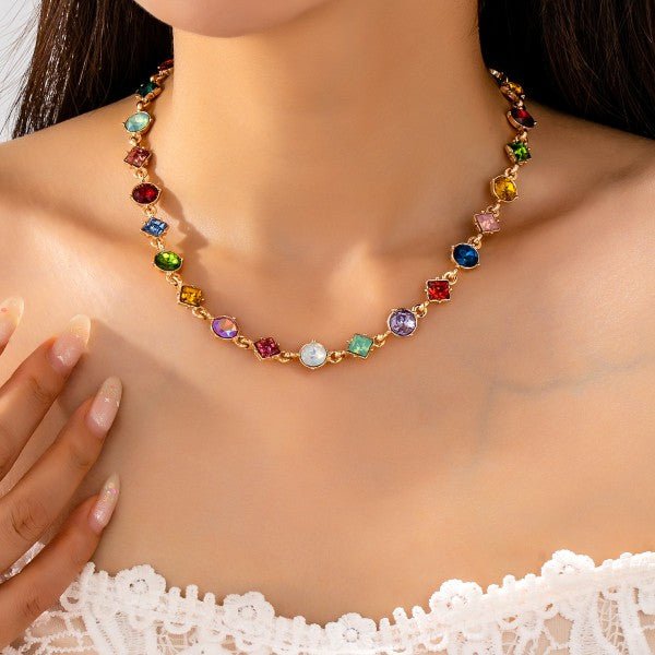 Vibrant Prism: Mixed-Shape Rainbow Crystal Station Necklace - Bella Blossom Boutique